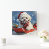 Bichon Frise Hond in Sledge Laat het Sneeuw Kerstm Vierkante Klok (Huis)