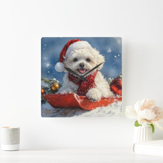 Bichon Frise Hond in Sledge Laat het Sneeuw Kerstm Vierkante Klok (Huis)