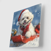 Bichon Frise Hond in Sledge Laat het Sneeuw Kerstm Vierkante Klok (Hoek)
