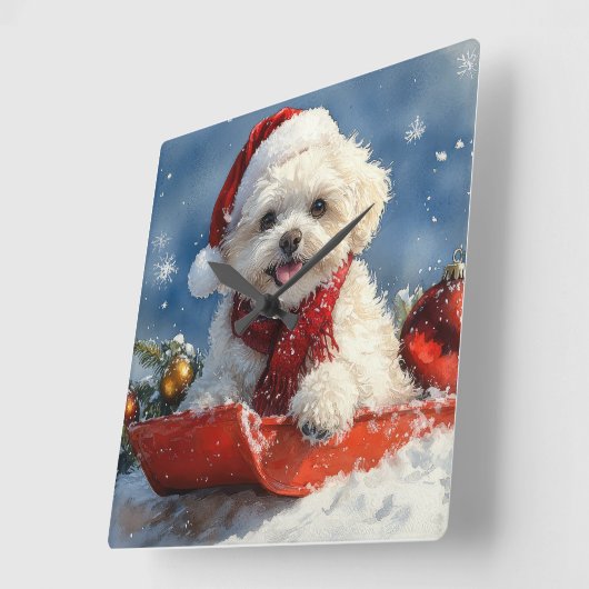 Bichon Frise Hond in Sledge Laat het Sneeuw Kerstm Vierkante Klok (Hoek)