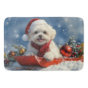 Bichon Frise-hond in slee laat het sneeuwen Kerstm Badmat