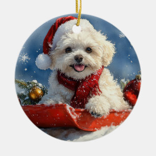 Bichon Frise-hond in slee Laat het sneeuwen Kerstm Keramisch Ornament