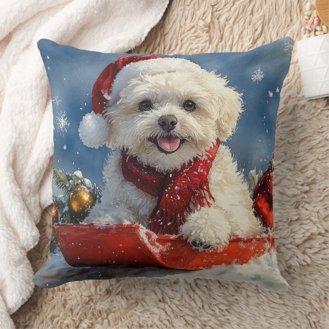 Bichon Frise-hond in slee Let it Snow Kerstmis  Kussen (Deken)