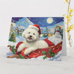 Bichon Frise-hond in slee met sneeuw Kerstmis Kaart