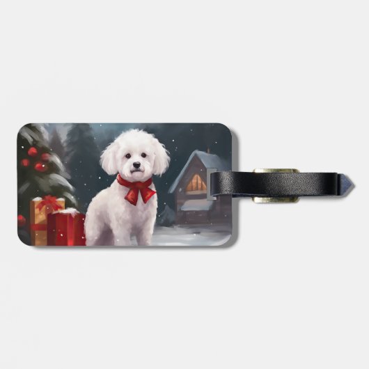Bichon Frise Hond in Sneeuw Kerstmis Bagagelabel (Achterkant horizontaal)
