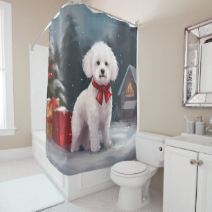 Bichon Frise-hond in sneeuw Kerstmis Douchegordijn