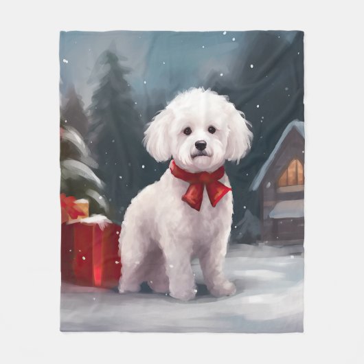 Bichon Frise Hond in Sneeuw Kerstmis Fleece Deken (Voorkant)
