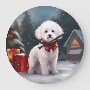 Bichon Frise Hond in Sneeuw Kerstmis Grote Klok