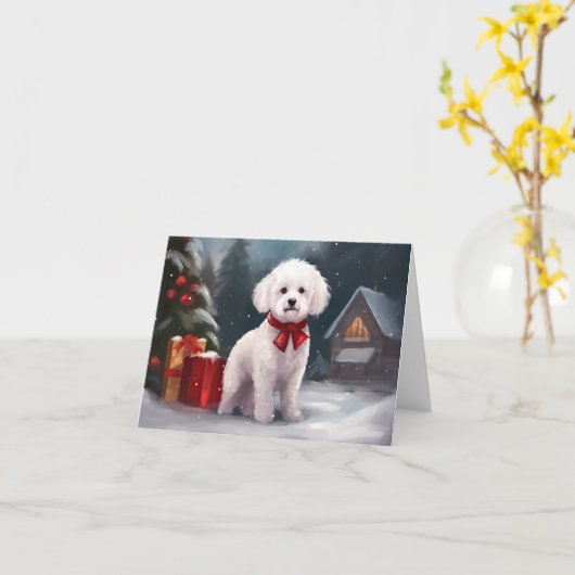 Bichon Frise Hond in Sneeuw Kerstmis Kaart (Gele Bloem)