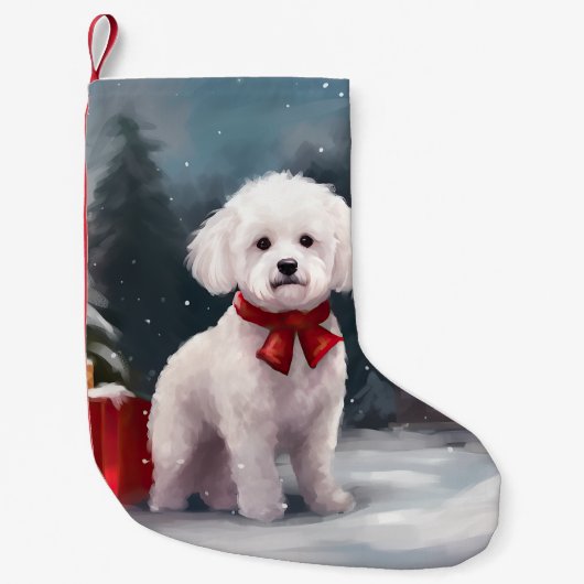 Bichon Frise Hond in Sneeuw Kerstmis Kleine Kerstsok (Voorkant)