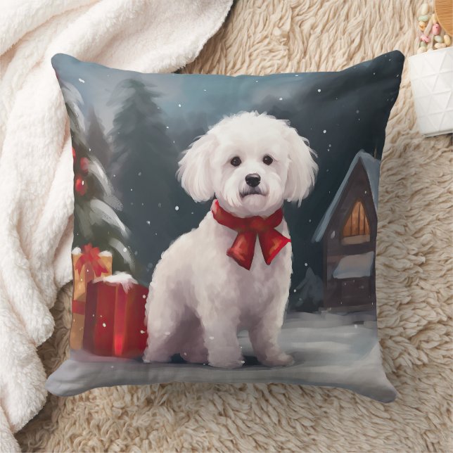 Bichon Frise Hond in Sneeuw Kerstmis Kussen (Deken)