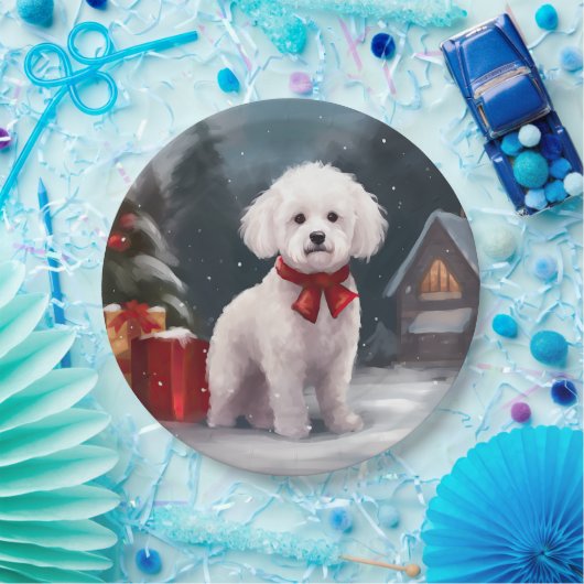 Bichon Frise Hond in Sneeuw Kerstmis Papieren Bordje (Feest)