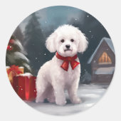 Bichon Frise Hond in Sneeuw Kerstmis Ronde Sticker (Voorkant)