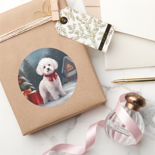 Bichon Frise Hond in Sneeuw Kerstmis Ronde Sticker (Geschenken)