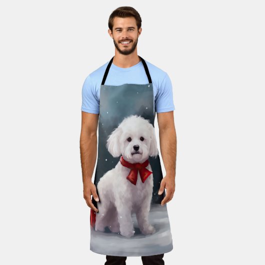 Bichon Frise Hond in Sneeuw Kerstmis Schort (Gedragen)