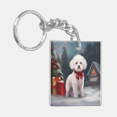 Bichon Frise Hond in Sneeuw Kerstmis Sleutelhanger (Voorkant Links)