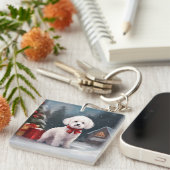 Bichon Frise Hond in Sneeuw Kerstmis Sleutelhanger (Voorkant Rechts)