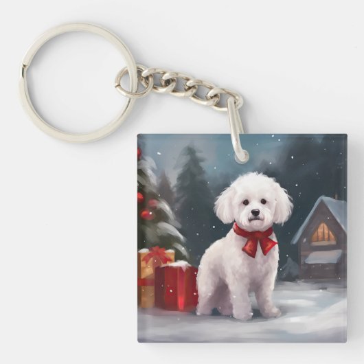 Bichon Frise Hond in Sneeuw Kerstmis Sleutelhanger (Voorkant)