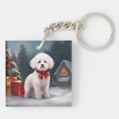 Bichon Frise Hond in Sneeuw Kerstmis Sleutelhanger (Achterkant)