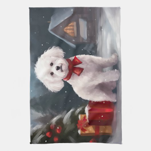 Bichon Frise Hond in Sneeuw Kerstmis Theedoek (Verticaal)