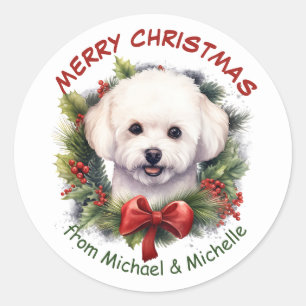 Bichon Frise Hond Kerstmis Rode Bow krans Ronde Sticker