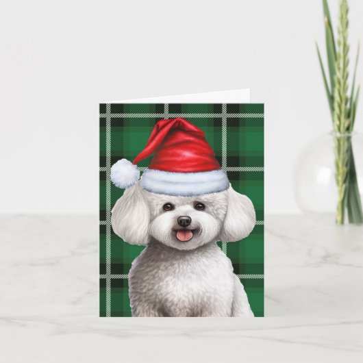 Bichon Frise Hond Kerstvakantie Groen Plaid Feestdagen Kaart (Voorkant)