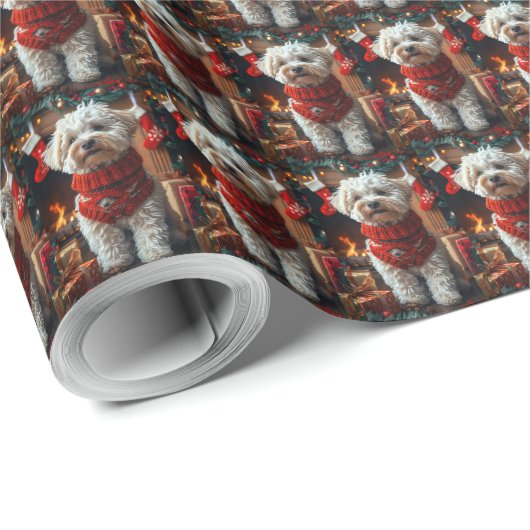 Bichon Frise Hond met kerstcadeaus open haard Cadeaupapier (Rol Hoek)
