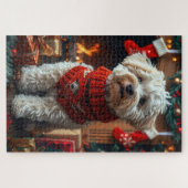Bichon Frise Hond met kerstcadeaus open haard Legpuzzel (Horizontaal)