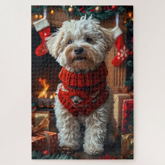 Bichon Frise Hond met kerstcadeaus open haard Legpuzzel (Verticaal)