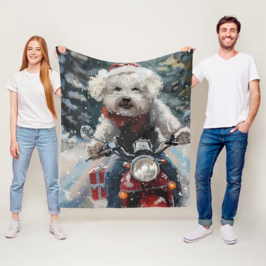 Bichon Frise Hond Rijden Motorfiets Kerstmis Fleece Deken (In situ)
