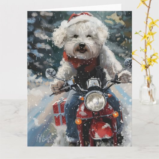 Bichon Frise Hond Rijden Motorfiets Kerstmis Kaart (Gele Bloem)