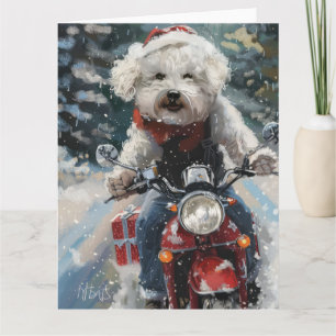 Bichon Frise Hond Rijden Motorfiets Kerstmis Kaart