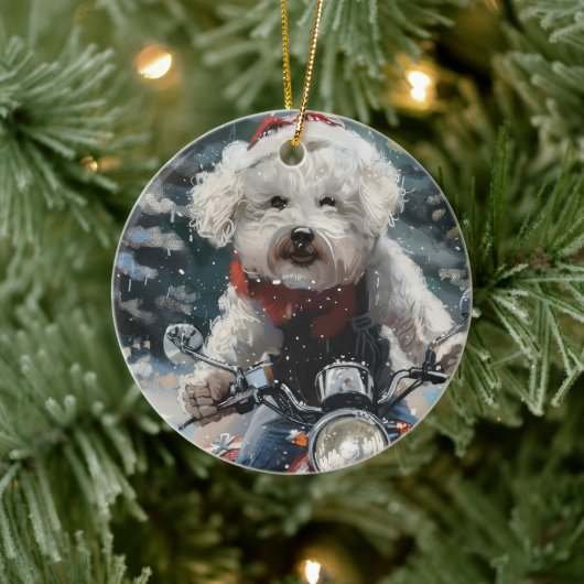 Bichon Frise Hond Rijden Motorfiets Kerstmis Keramisch Ornament (Boom)