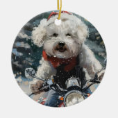 Bichon Frise Hond Rijden Motorfiets Kerstmis Keramisch Ornament (Voorkant)