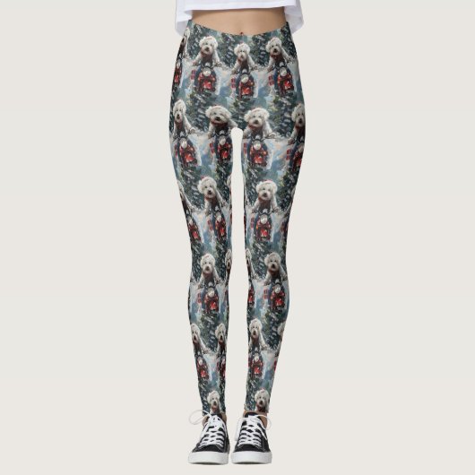 Bichon Frise Hond Rijden Motorfiets Kerstmis Leggings (Voorkant)