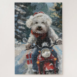 Bichon Frise Hond Rijden Motorfiets Kerstmis Legpuzzel