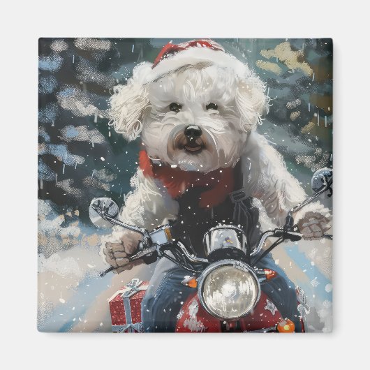 Bichon Frise Hond Rijden Motorfiets Kerstmis Magneet (Voorkant)