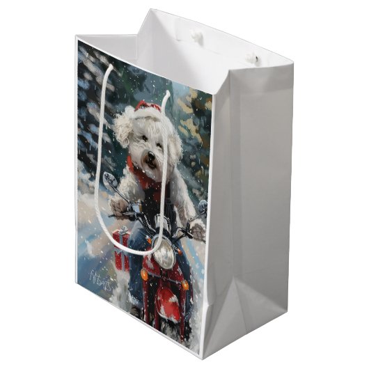 Bichon Frise Hond Rijden Motorfiets Kerstmis Medium Cadeauzakje (Voorkant Gekanteld)