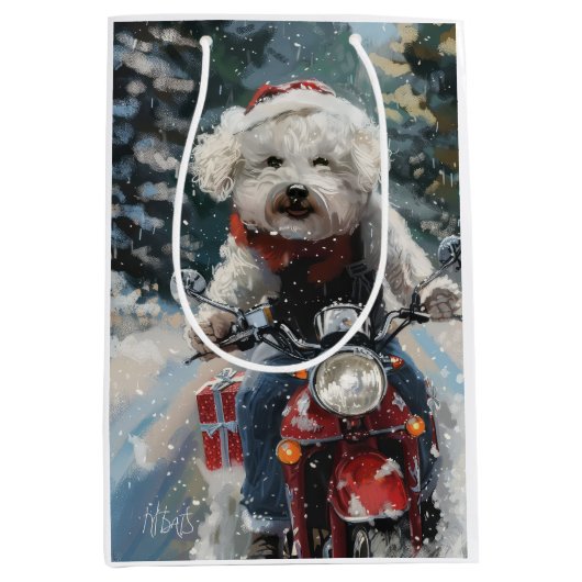 Bichon Frise Hond Rijden Motorfiets Kerstmis Medium Cadeauzakje (Voorkant)