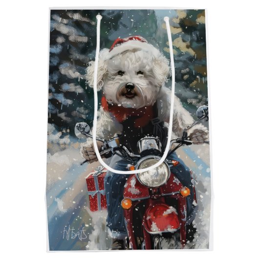 Bichon Frise Hond Rijden Motorfiets Kerstmis Medium Cadeauzakje (Achterkant)
