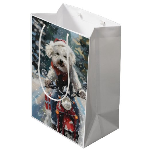 Bichon Frise Hond Rijden Motorfiets Kerstmis Medium Cadeauzakje (Achterkant Gekanteld)
