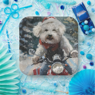 Bichon Frise Hond Rijden Motorfiets Kerstmis Papieren Bordje