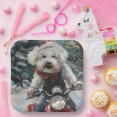 Bichon Frise Hond Rijden Motorfiets Kerstmis Papieren Bordje (Feest)