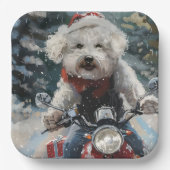 Bichon Frise Hond Rijden Motorfiets Kerstmis Papieren Bordje (Voorkant)