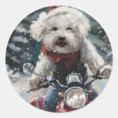 Bichon Frise Hond Rijden Motorfiets Kerstmis Ronde Sticker (Voorkant)