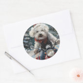 Bichon Frise Hond Rijden Motorfiets Kerstmis Ronde Sticker (Envelop)