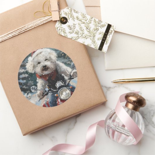 Bichon Frise Hond Rijden Motorfiets Kerstmis Ronde Sticker (Geschenken)
