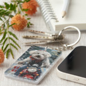 Bichon Frise Hond Rijden Motorfiets Kerstmis Sleutelhanger (Voorkant Rechts)