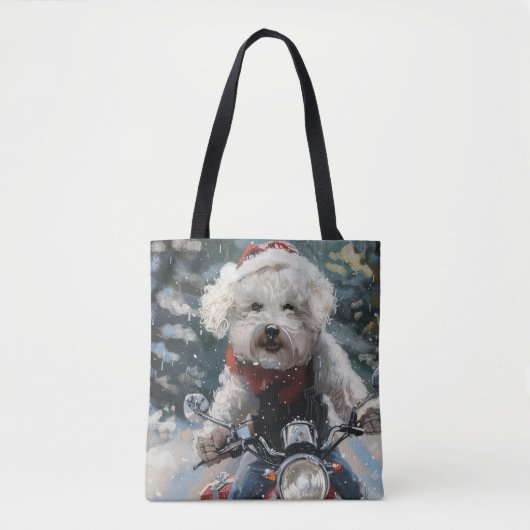 Bichon Frise Hond Rijden Motorfiets Kerstmis Tote Bag (Voorkant)