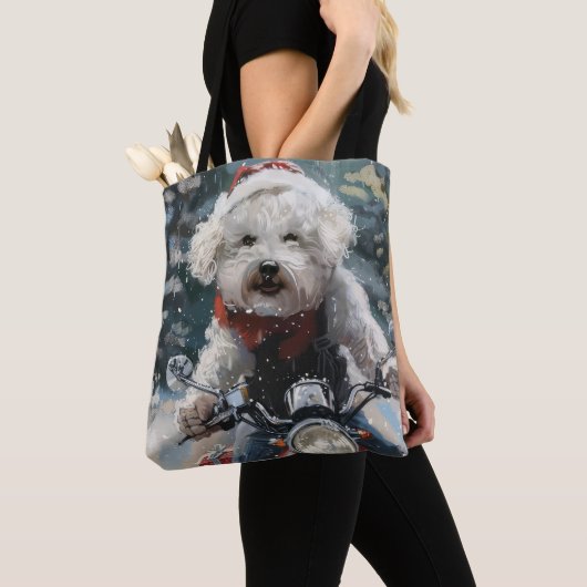 Bichon Frise Hond Rijden Motorfiets Kerstmis Tote Bag (Dichtbij)